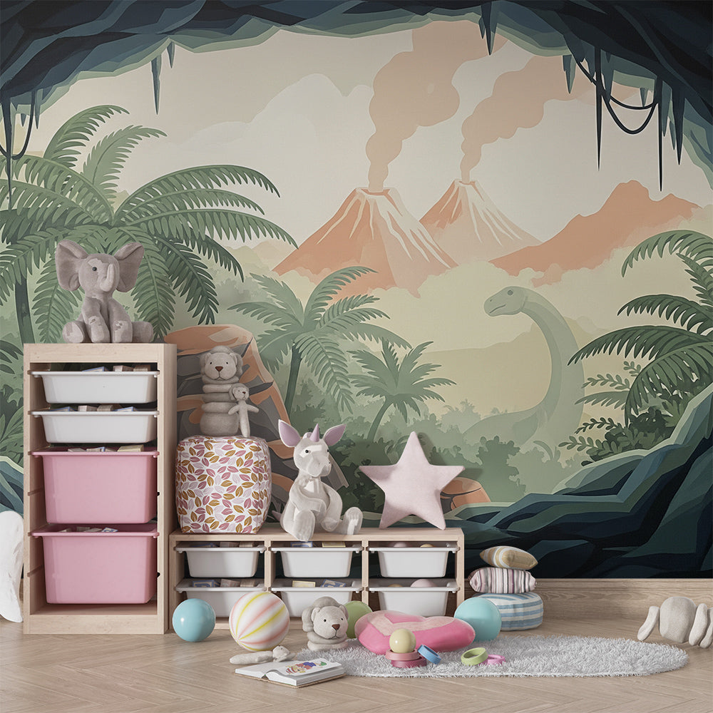 Kids-Mundo misty volcano dinosaur mural decorating a cosy children's playroom