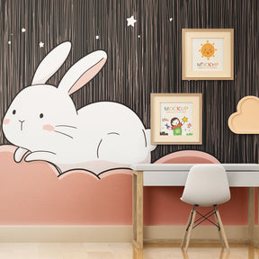 Peaceful bunny on cloud mural wallpaper for children's room decor with twinkling stars