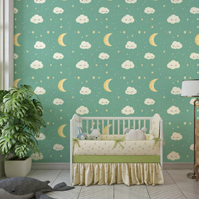 Gentle green celestial wallpaper with smiling clouds for toddler room by Kids-Mundo