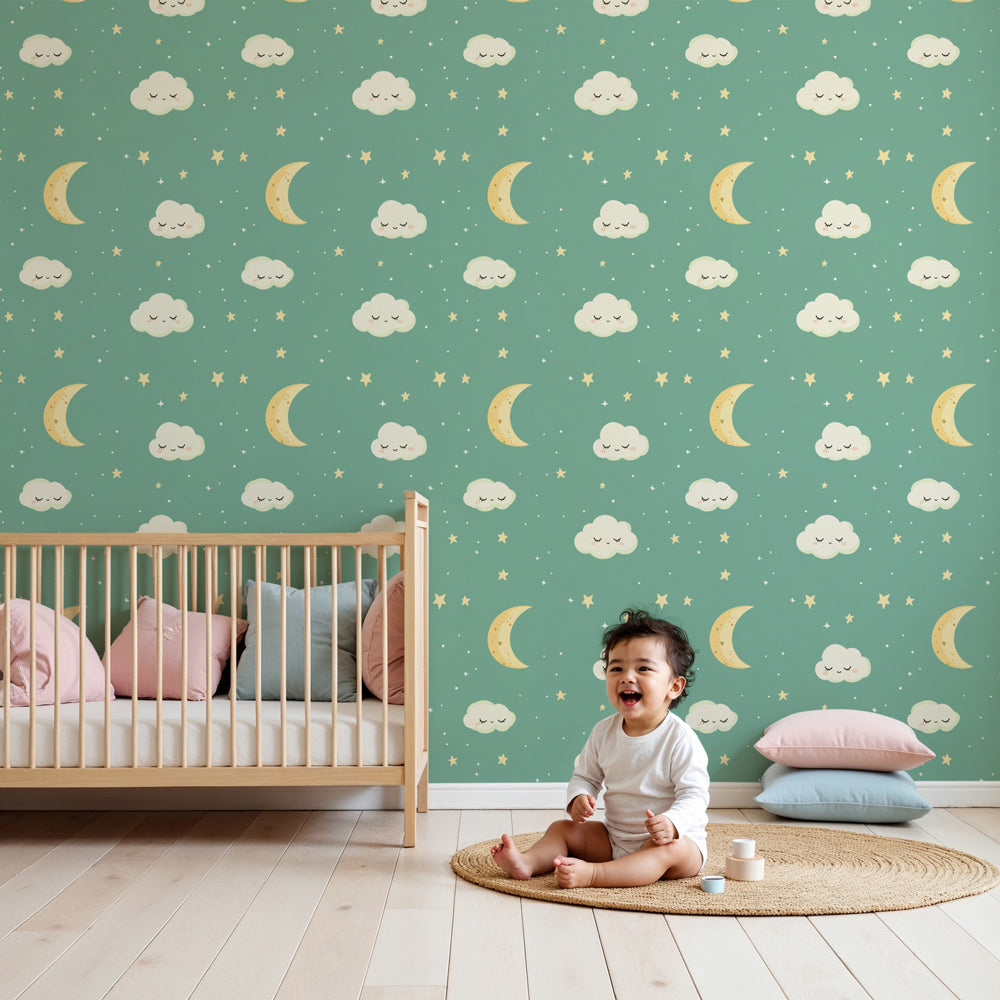 Celestial clouds mural wallpaper with moon and stars in peaceful nursery setting by Kids-Mundo