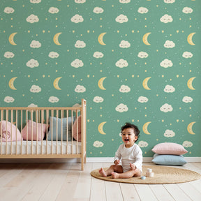 Celestial clouds mural wallpaper with moon and stars in peaceful nursery setting by Kids-Mundo