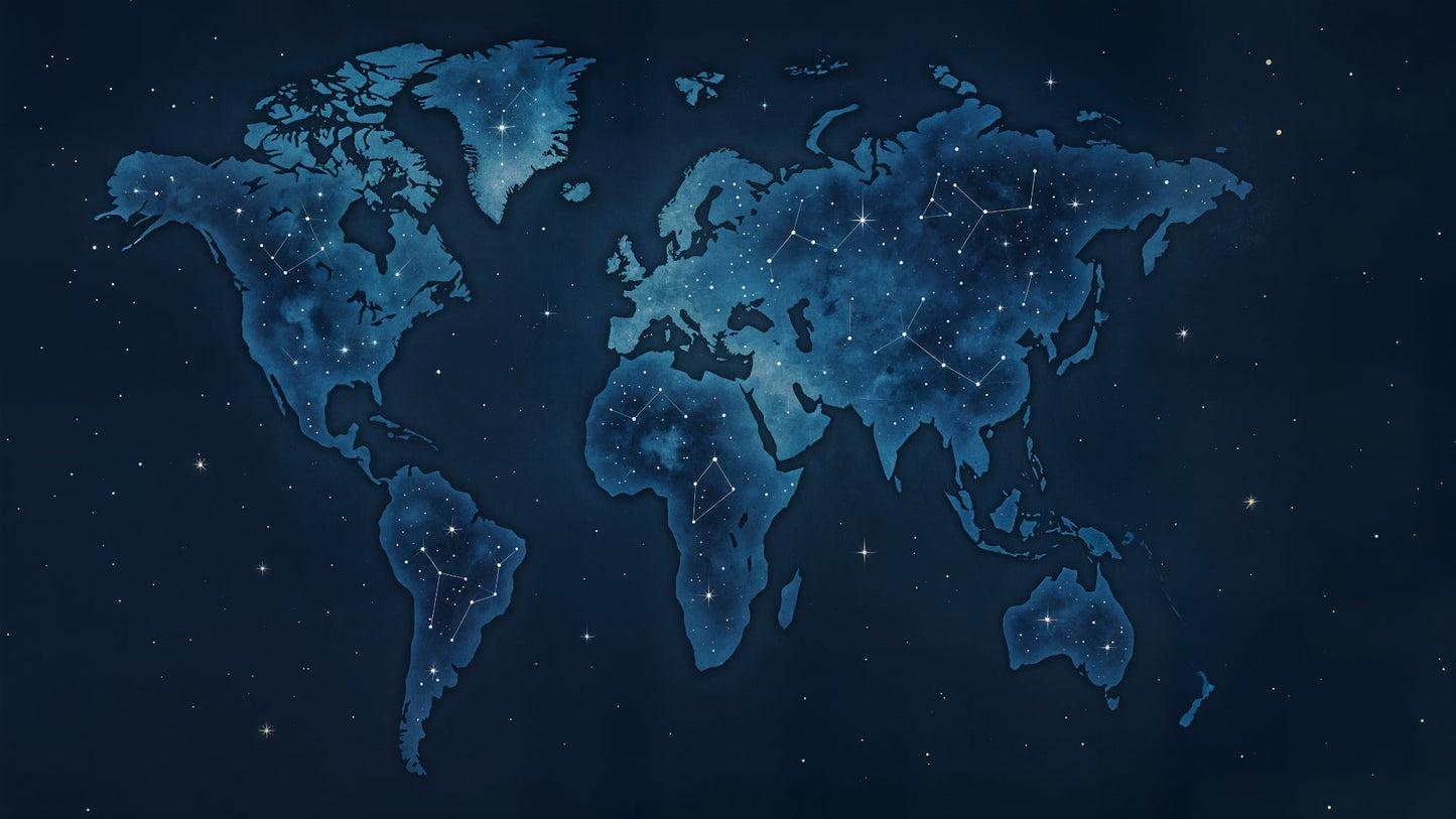 Flat artwork of the Kids-Mundo midnight constellation world map design showing navy continents and scattered stars