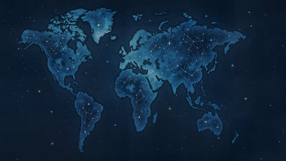 Flat artwork of the Kids-Mundo midnight constellation world map design showing navy continents and scattered stars