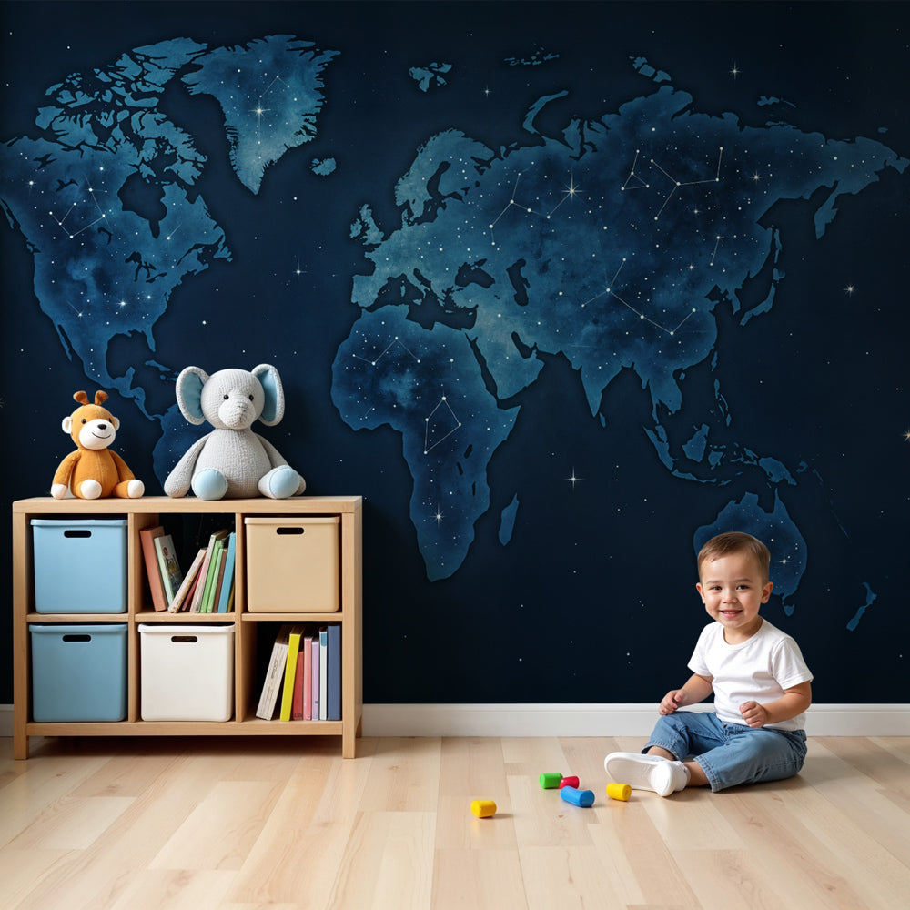 Kids-Mundo midnight constellation world map wall mural printed to size above a cot in a calm navy blue nursery
