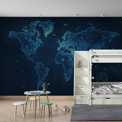 Kids-Mundo constellation world map mural on a playroom wall, deep blue continents dotted with stars and constellations