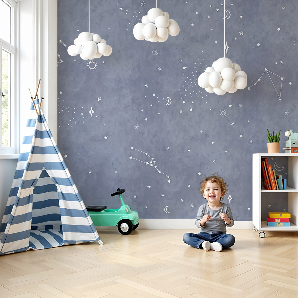 Kids-Mundo constellation wall mural made to measure and installed in a calm blue-grey nursery