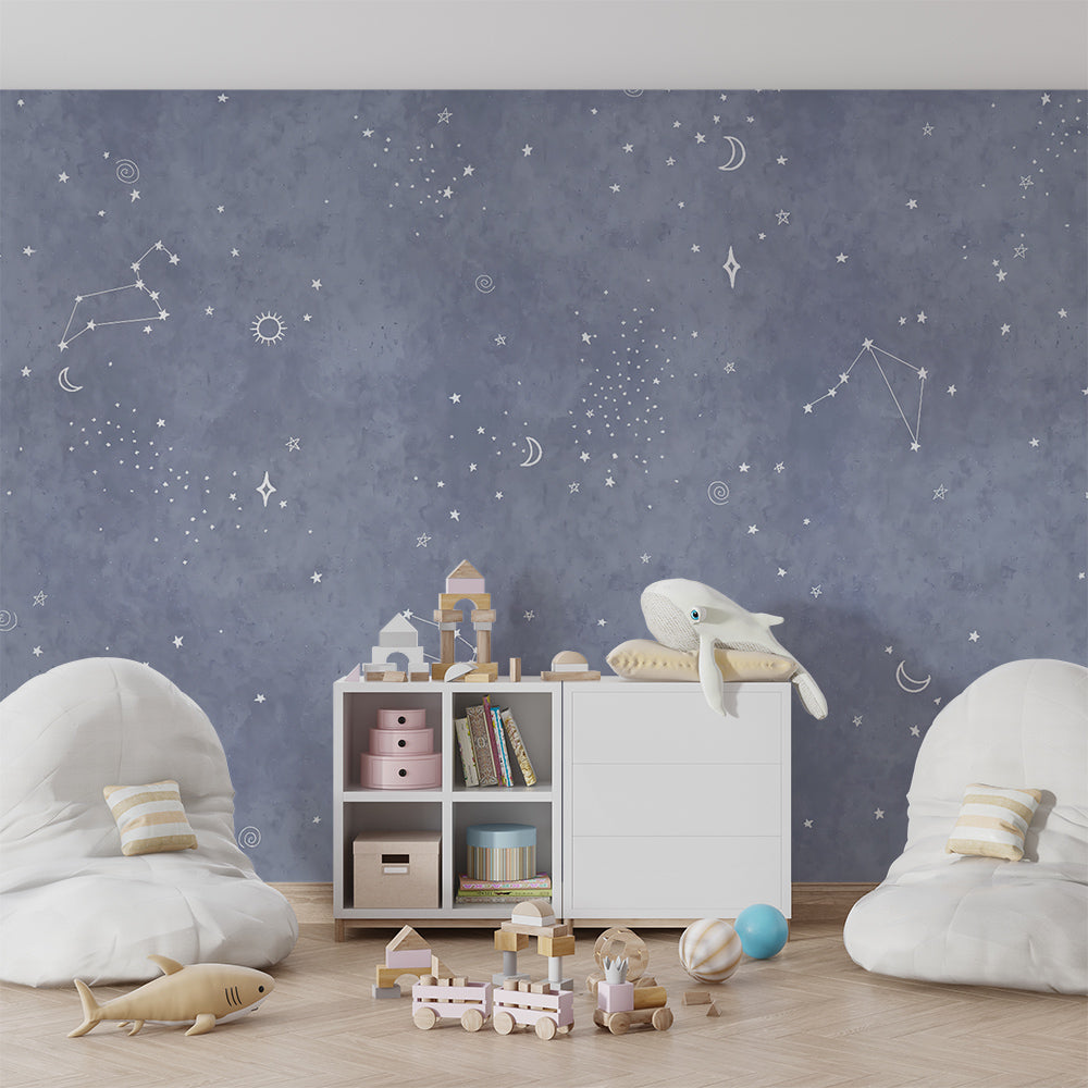 Kids-Mundo constellation wall mural covering a wall in a cosy children's playroom
