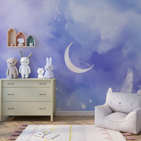 Moon and stars mural wallpaper installation showing peaceful celestial theme for kids room