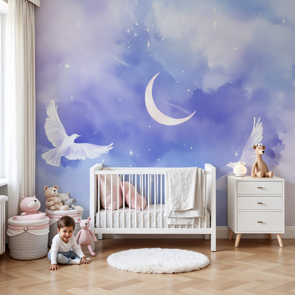 Celestial doves mural wallpaper in modern baby nursery with moon and stars by Kids-Mundo