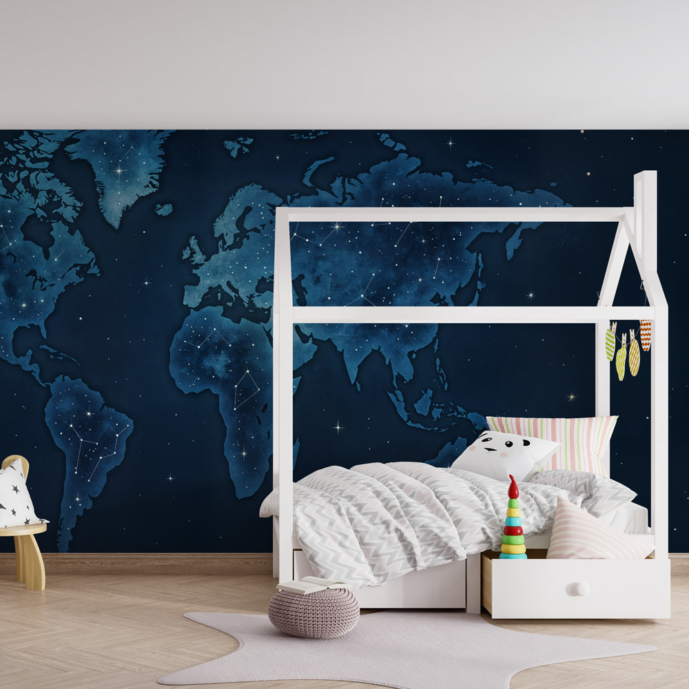 Night sky constellation world map wallpaper creating magical kids bedroom atmosphere