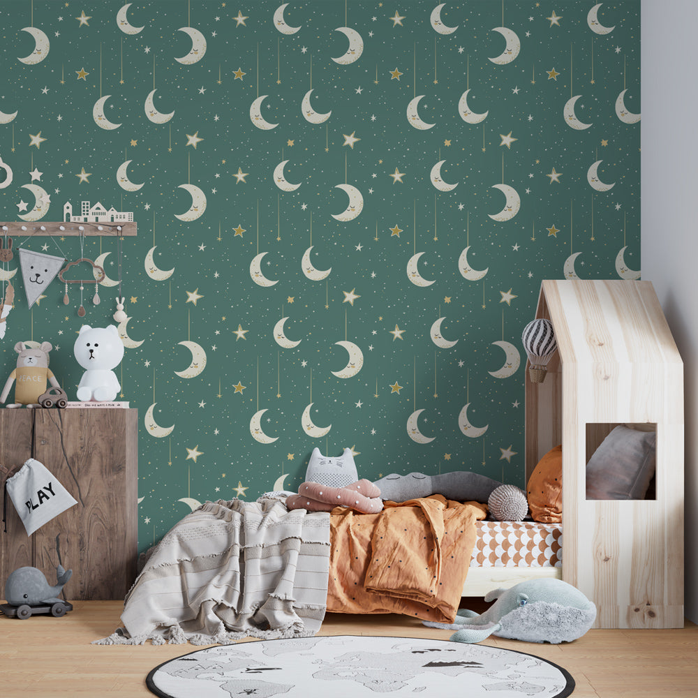 Night sky wallpaper with golden moons decorating modern children's bedroom interior
