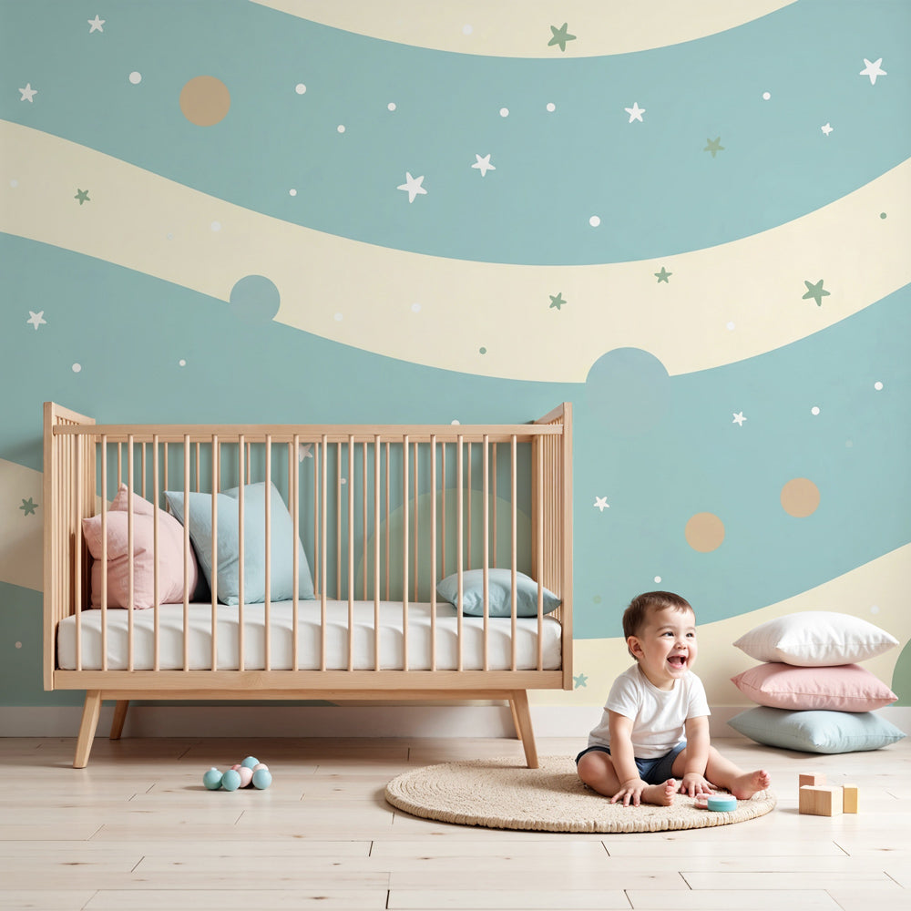 Celestial space mural wallpaper with stars and planets in modern nursery by Kids-Mundo