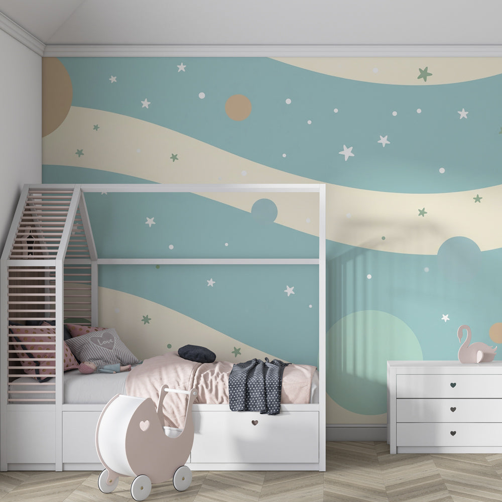 Blue and green celestial wallpaper transforming kids playroom into space adventure zone