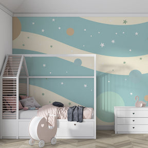 Blue and green celestial wallpaper transforming kids playroom into space adventure zone