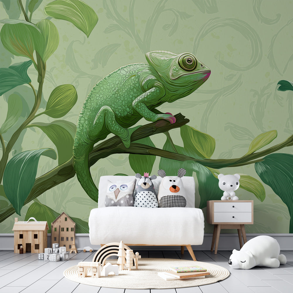 Kids-Mundo chameleon wall mural covering a feature wall in an older child's bedroom.