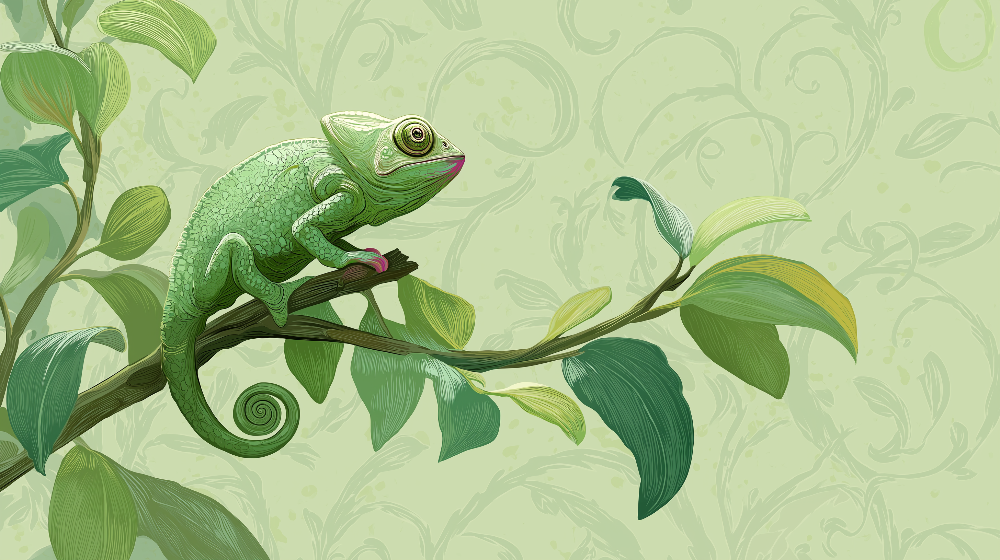 Flat artwork preview of the Kids-Mundo chameleon on a leafy branch wall mural design.