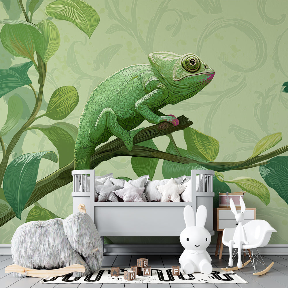 Kids-Mundo chameleon wall mural on a leafy branch brightening a playroom feature wall.