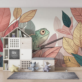 Nature-themed chameleon wallpaper creating peaceful children's bedroom atmosphere