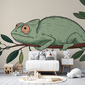 Nature-themed chameleon wallpaper in children's bedroom with natural wood furniture