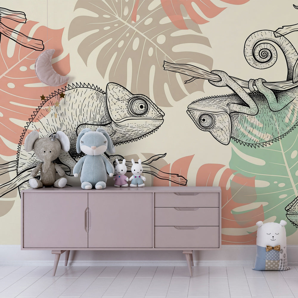 Chameleon wallpaper with tropical foliage decorating modern children's bedroom space
