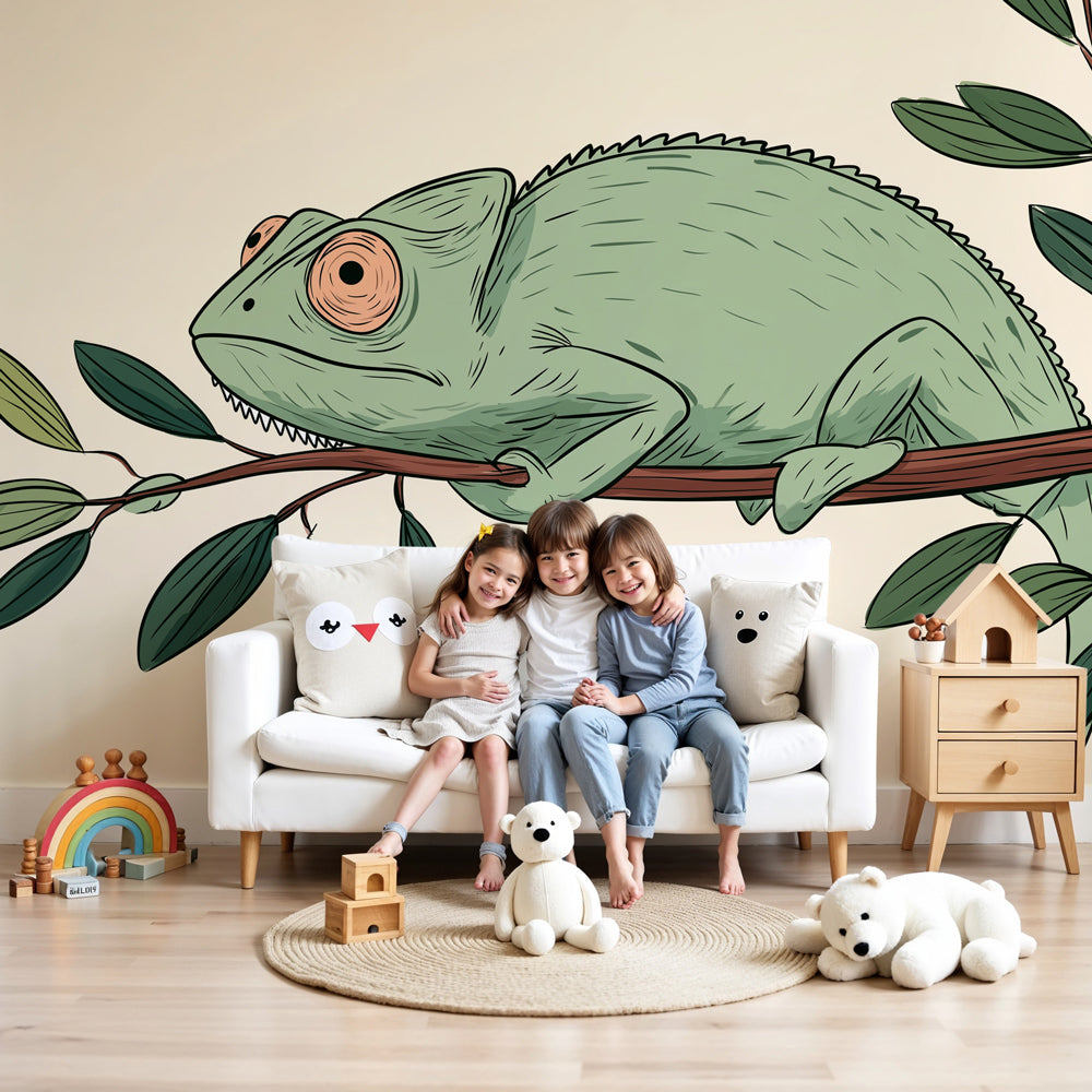 Chameleon mural wallpaper creating peaceful atmosphere in modern nursery by Kids-Mundo