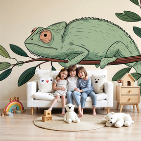 Chameleon mural wallpaper creating peaceful atmosphere in modern nursery by Kids-Mundo