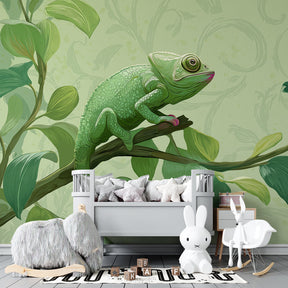Tropical chameleon mural wallpaper transforming kids playroom with educational wildlife theme