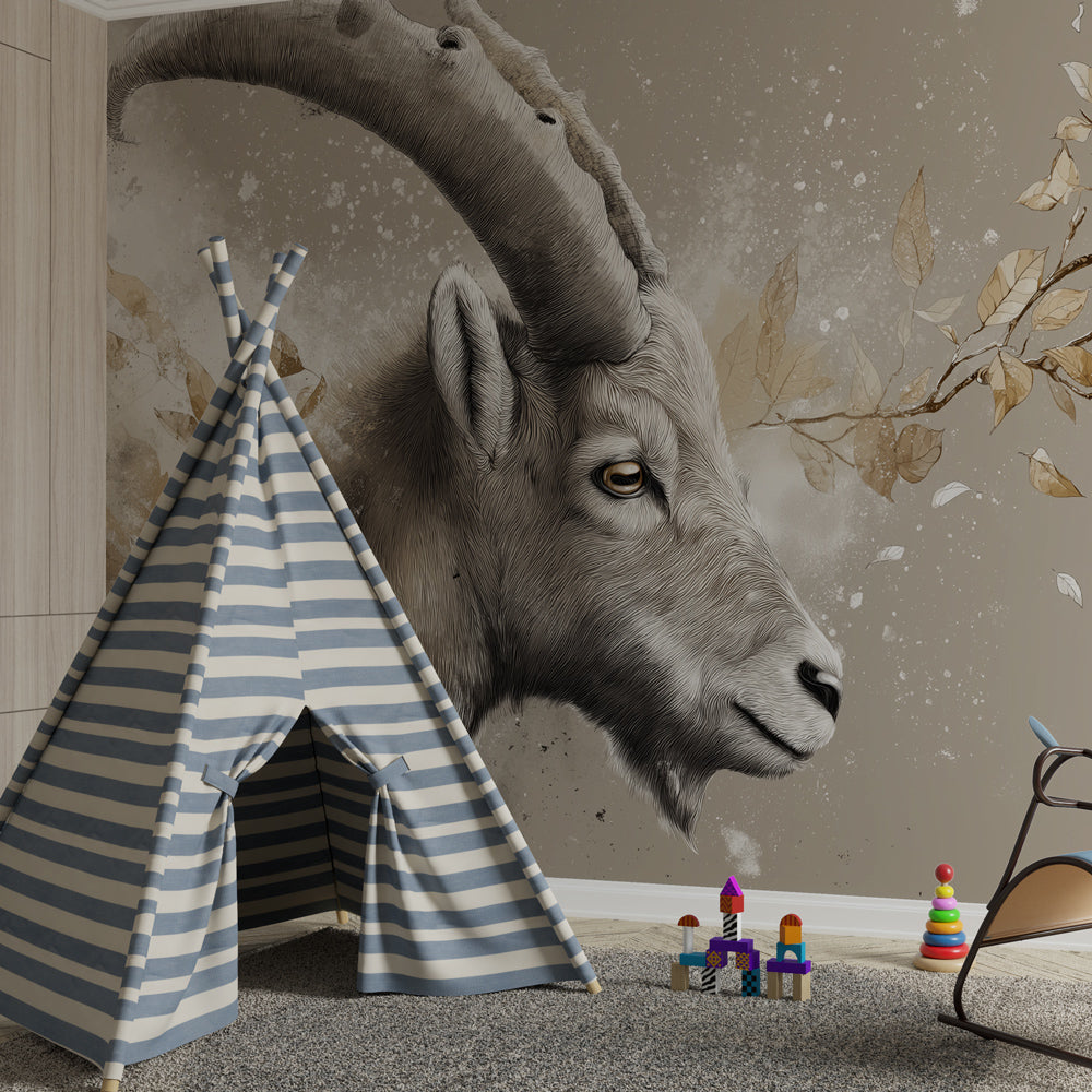 Safari themed chamois mural wallpaper with botanical elements for modern kids room by Kids-Mundo