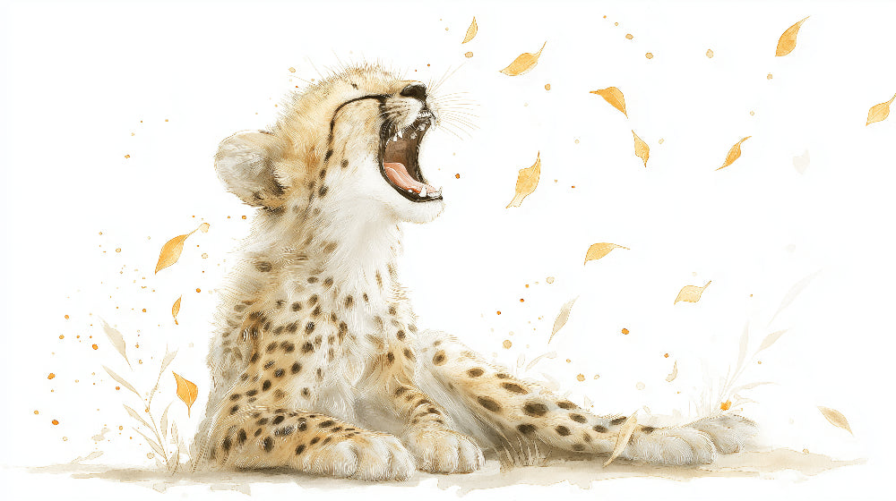 Detailed cheetah cub and golden leaves mural wallpaper design pattern by Kids-Mundo