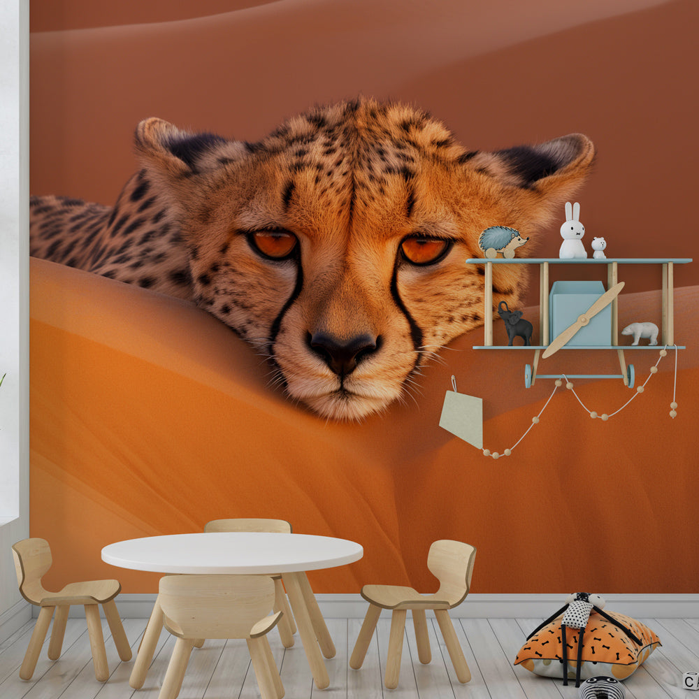 Safari cheetah mural wallpaper for children's playroom featuring golden sand dune landscape