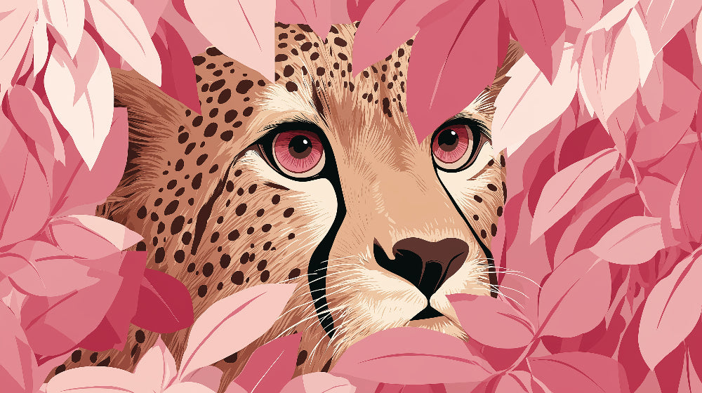 Detailed cheetah jungle mural wallpaper design pattern with pink botanical foliage by Kids-Mundo