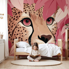 Cheetah jungle mural wallpaper in modern nursery with pink botanical safari design by Kids-Mundo