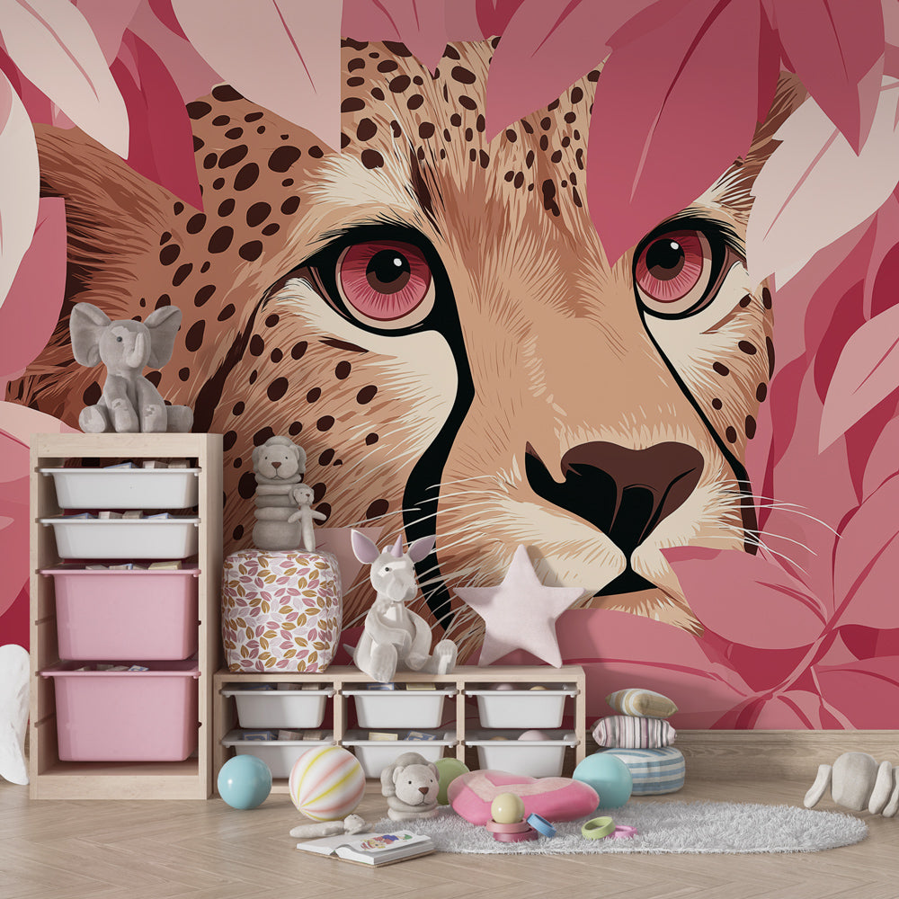 Pink jungle wallpaper with cheetah motif creating adventure theme in children's playroom