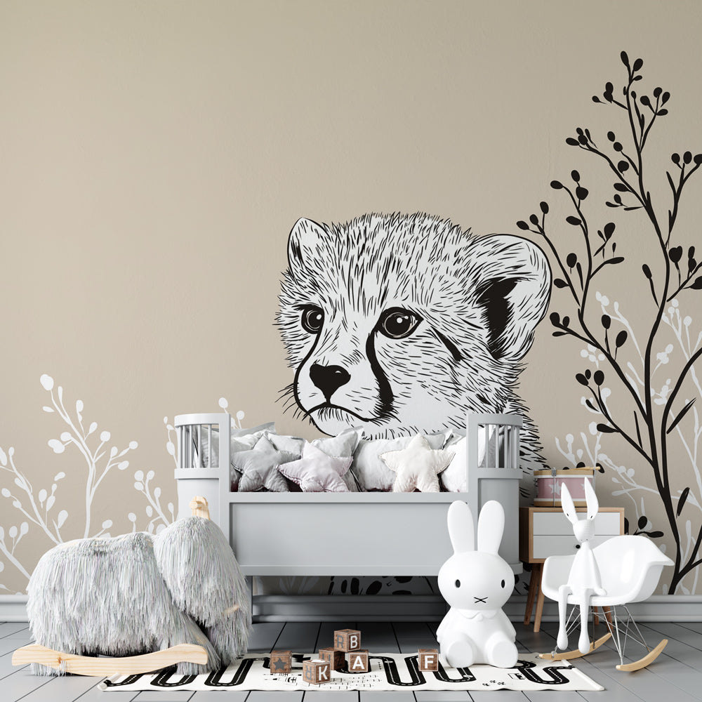 Cheetah and floral wallpaper in modern children's bedroom with natural wood furniture