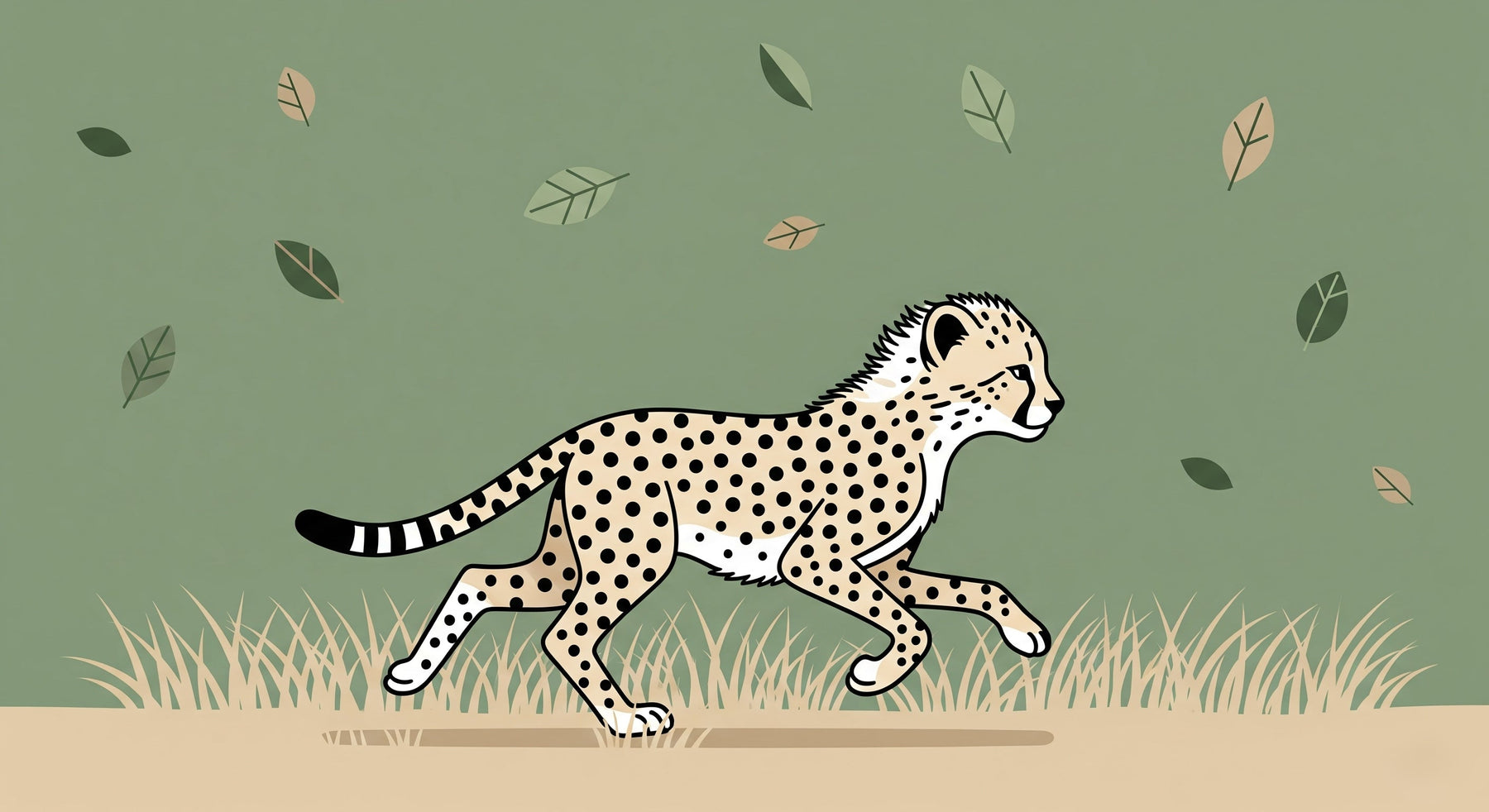 Detailed cheetah mural wallpaper design pattern with running feline and swirling leaves by Kids-Mundo