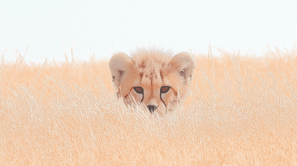 Detailed cheetah safari mural wallpaper design pattern showing curious cheetah in golden grass by Kids-Mundo