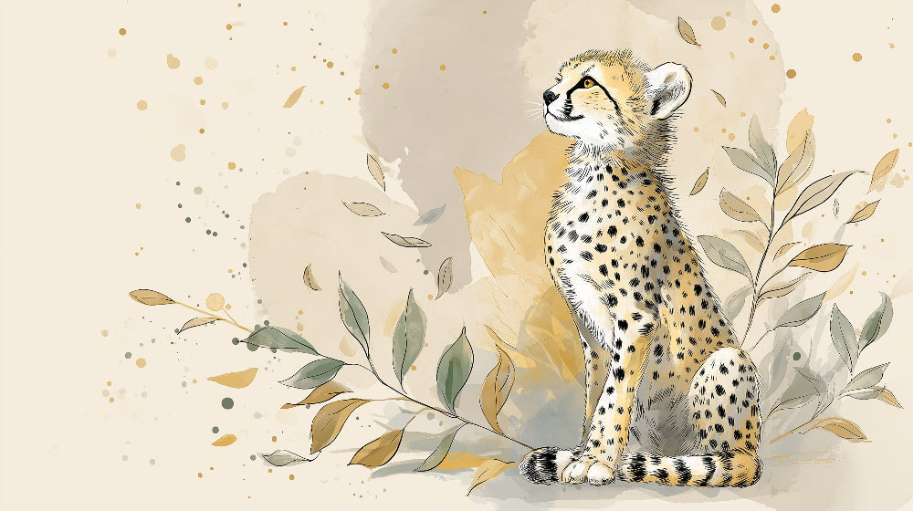 Detailed young cheetah mural wallpaper design pattern with foliage by Kids-Mundo