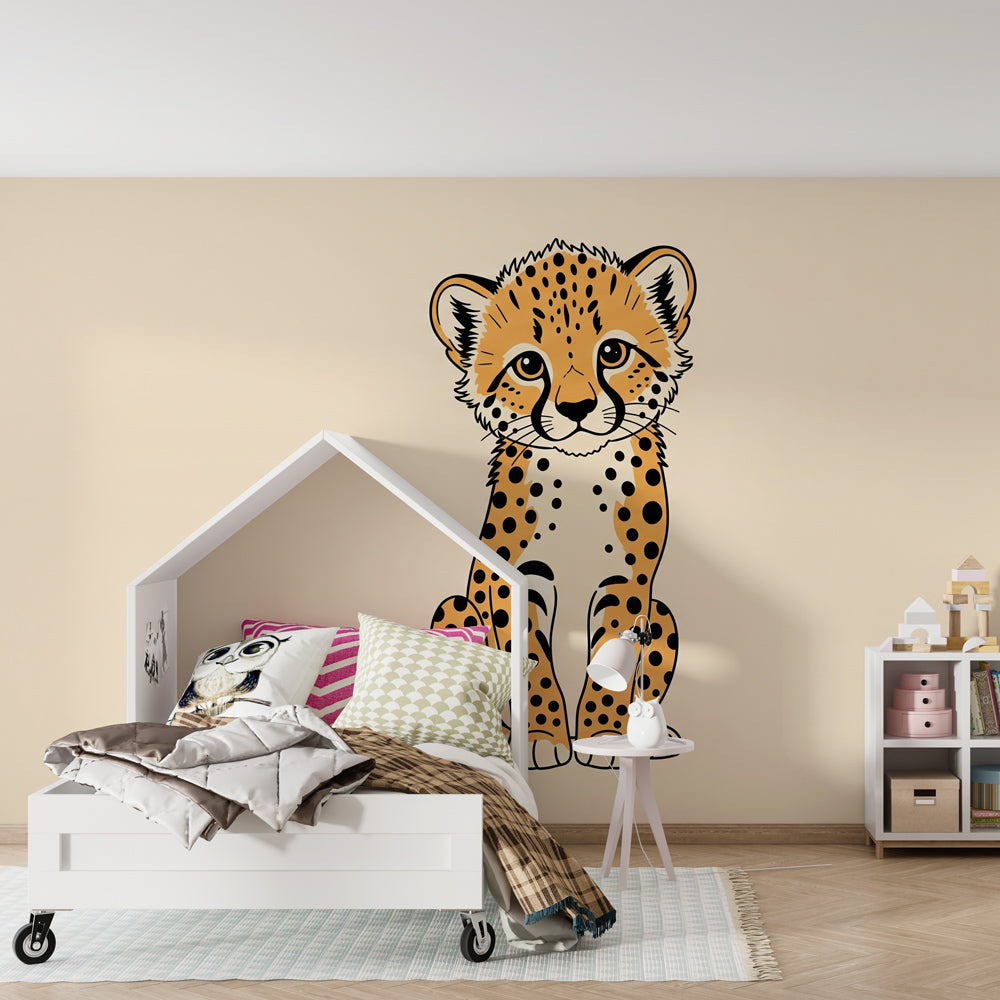 Sweet cheetah cub wallpaper transforming children's bedroom into wildlife sanctuary with soft beige tones