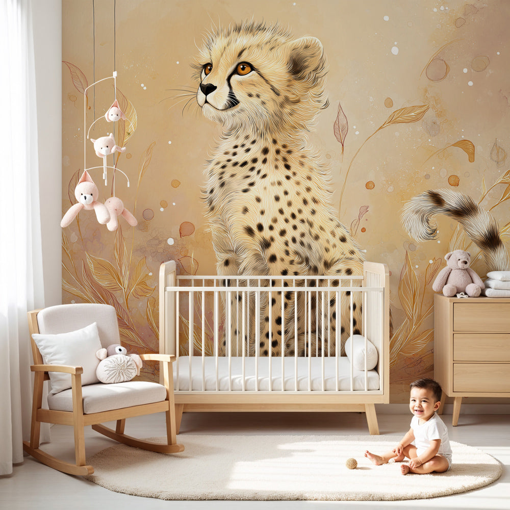 Cheetah cub mural wallpaper creating safari atmosphere in modern kids bedroom by Kids-Mundo