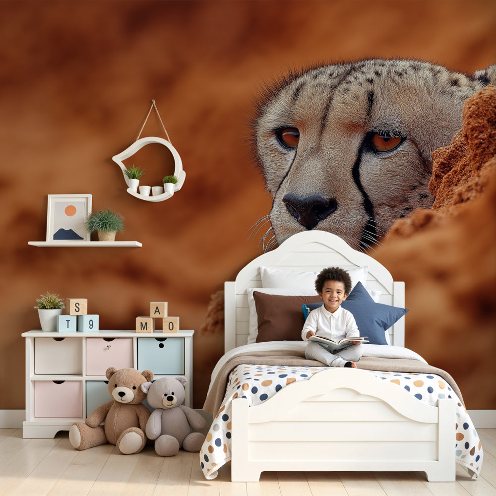 Cheetah mural wallpaper creating safari-themed nursery decor with natural desert tones by Kids-Mundo