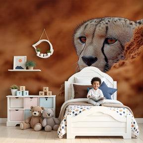 Cheetah mural wallpaper creating safari-themed nursery decor with natural desert tones by Kids-Mundo