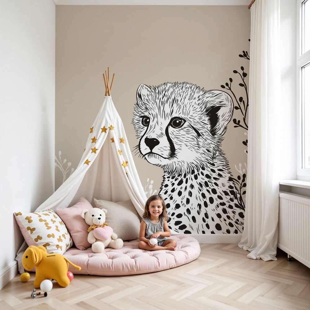 Baby cheetah mural wallpaper creating safari-themed nursery decor by Kids-Mundo