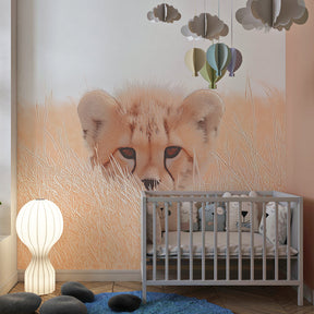 African cheetah mural wallpaper for kids playroom with natural furniture and safari theme