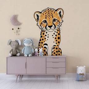 Gentle baby cheetah mural wallpaper for kids playroom creating magical animal kingdom atmosphere