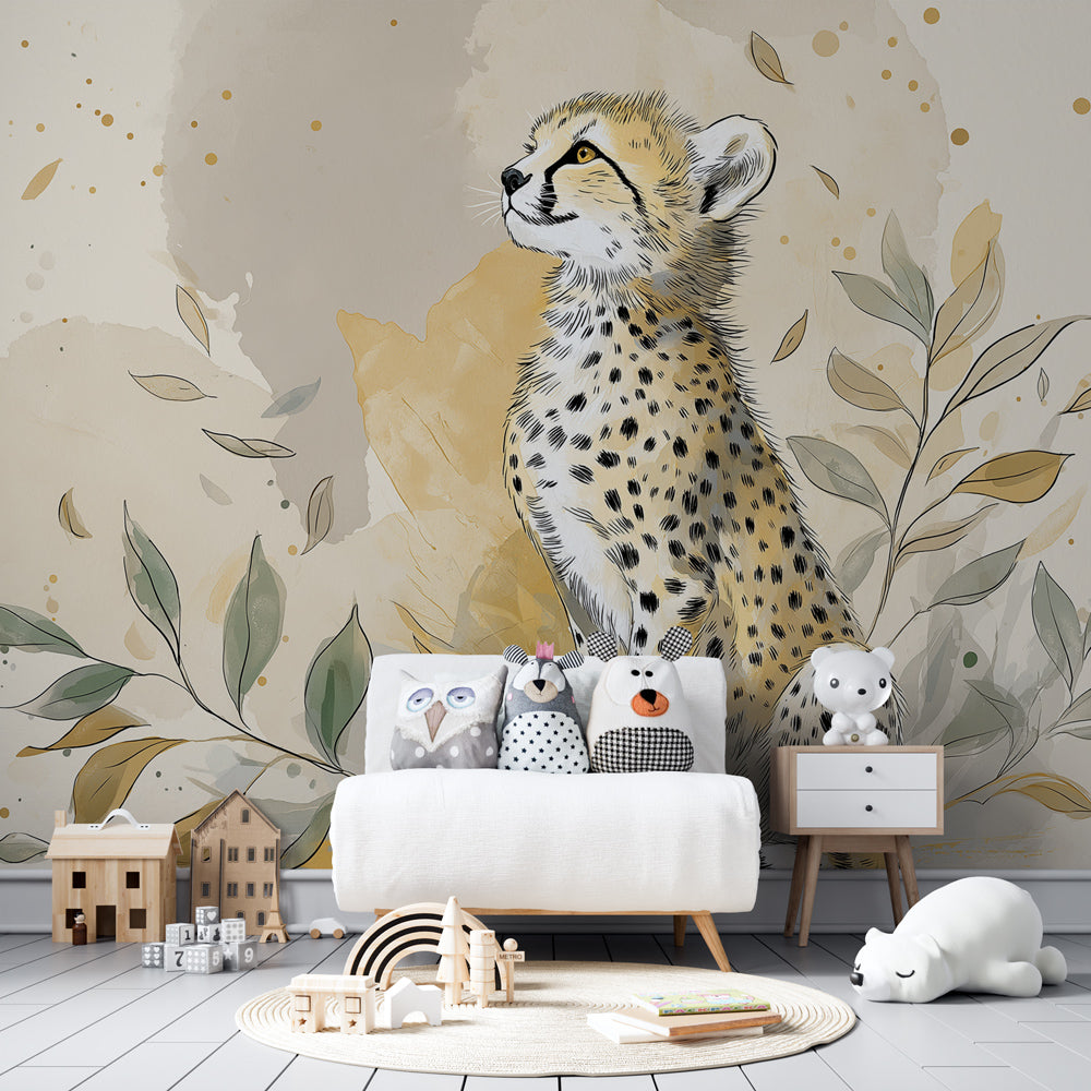 Elegant cheetah wallpaper with botanical elements creating warm playroom environment for kids