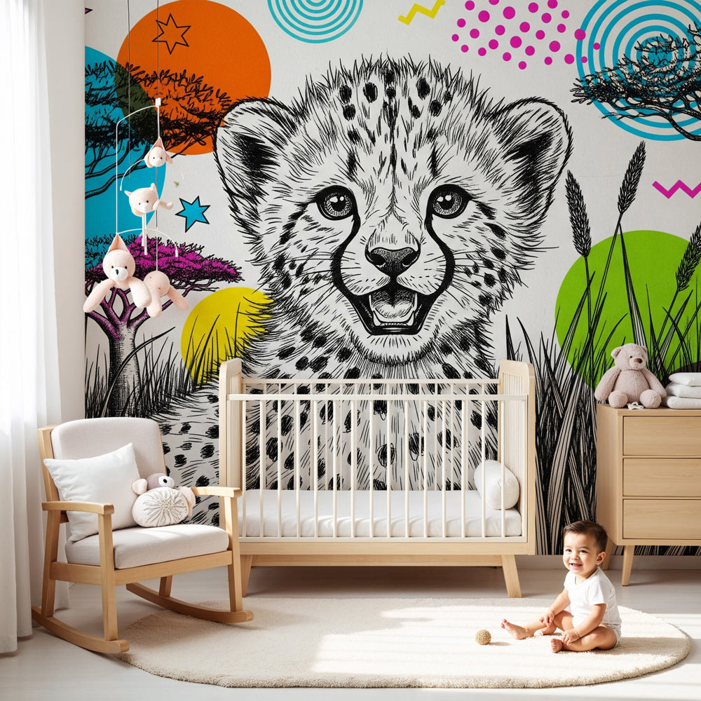 Colorful cheetah mural wallpaper creating vibrant safari-themed nursery decor by Kids-Mundo