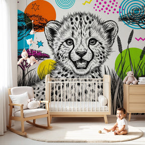 Colorful cheetah mural wallpaper creating vibrant safari-themed nursery decor by Kids-Mundo