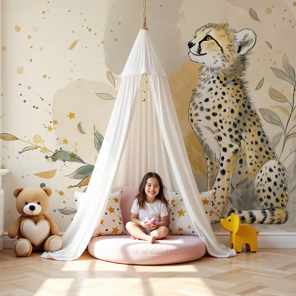 Young cheetah mural wallpaper creating serene safari atmosphere in modern kids nursery by Kids-Mundo