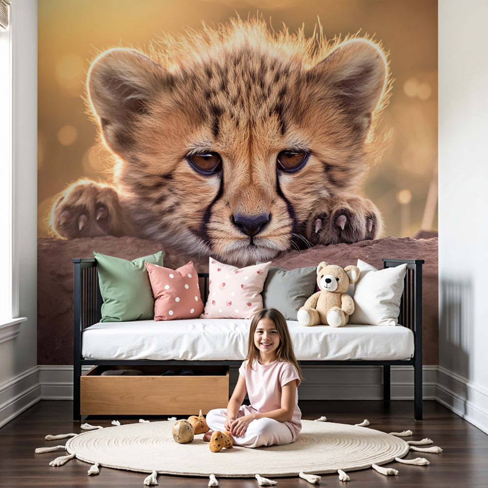 Cheetah mural wallpaper creating warm safari atmosphere in modern kids nursery by Kids-Mundo