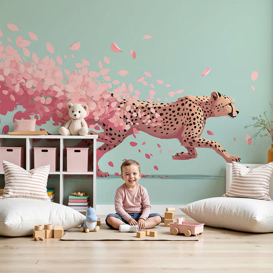 Kids-Mundo cheetah wall mural styled in a modern mint green nursery with pink accents.